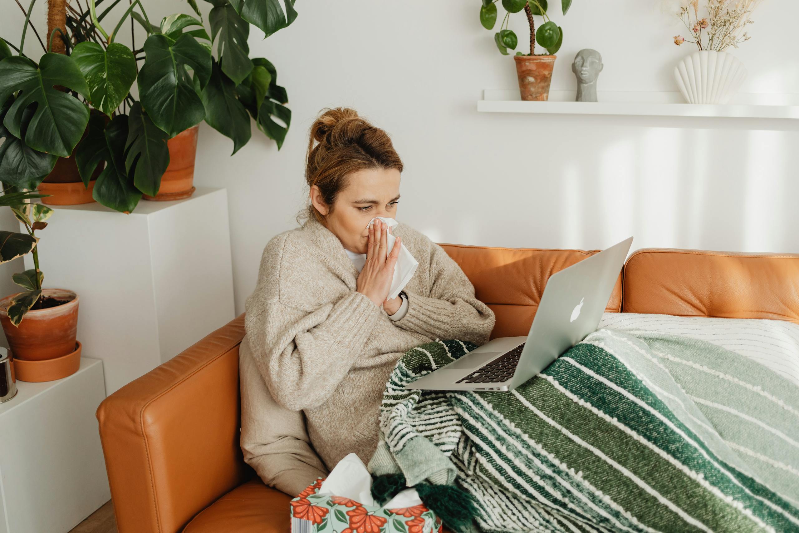Woman in cozy sweater using laptop on sofa, surrounded by indoor plants, while blowing nose.